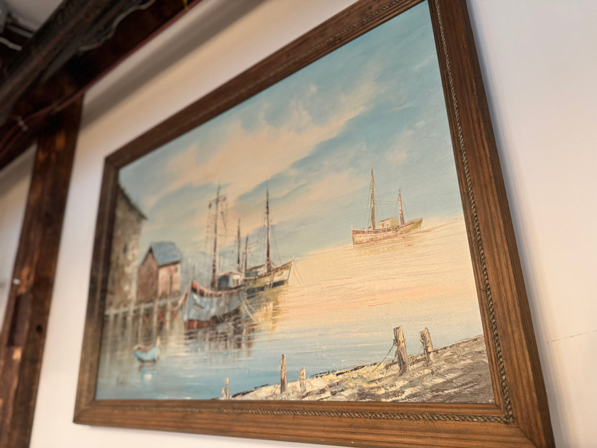 Vintage Coastal Harbor Oil Painting – Wood Frame