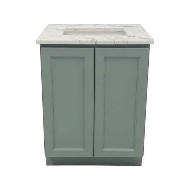 Gray cabinet with white countertop on a white background