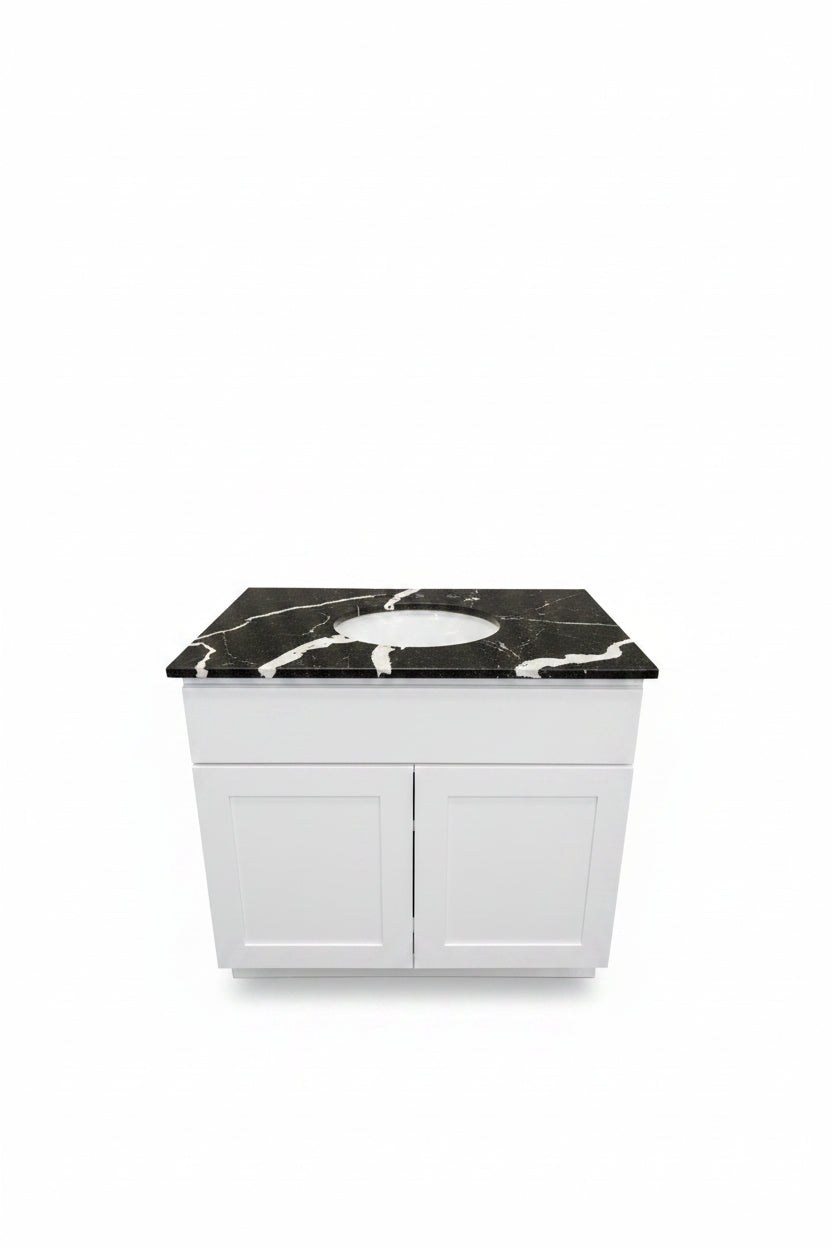 36" KCD Essentials White Vanity with Bertch Cow-Pattern Quartz Top