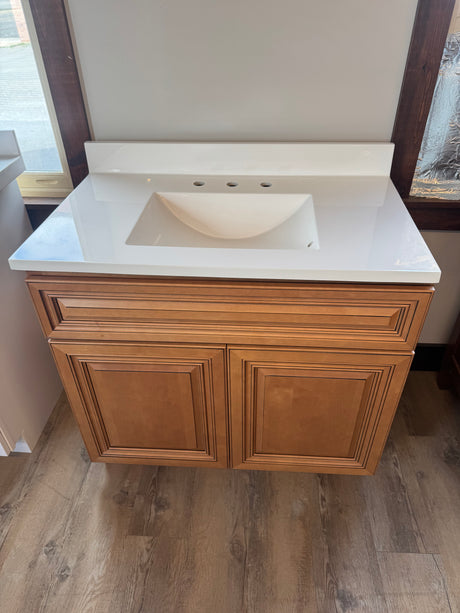 J&K Cabinetry 36" Vanity Sink Base – Cinnamon Glazed with Wolf Cotton White Vanity Top