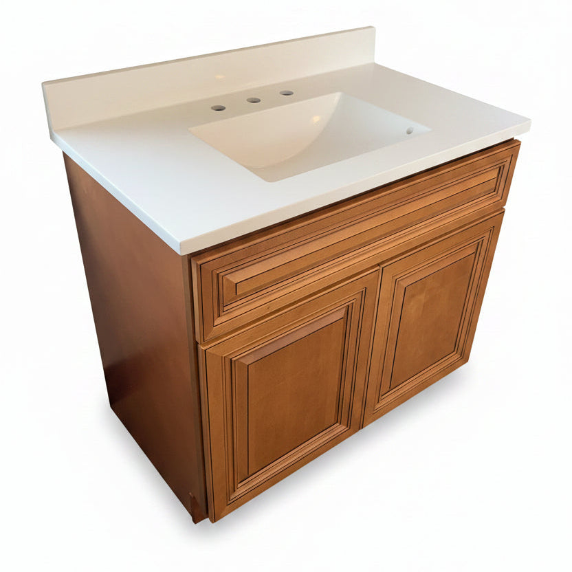 J&K Cabinetry 36" Vanity Sink Base – Cinnamon Glazed with Wolf Cotton White Vanity Top
