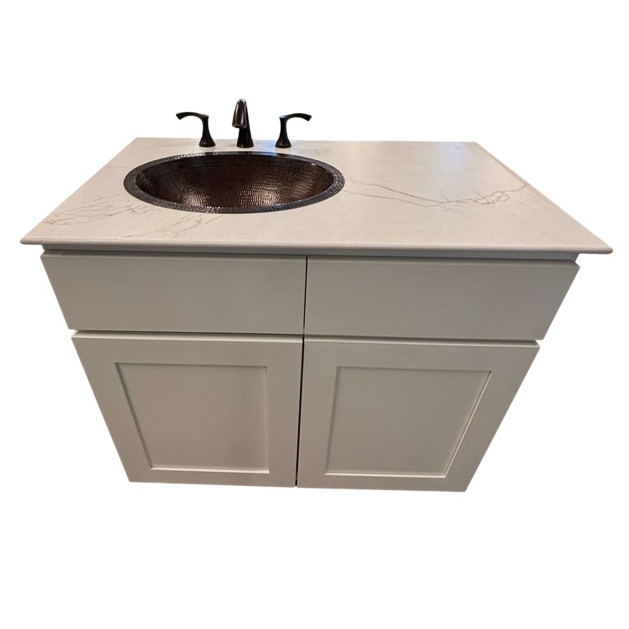 KCD Essentials 36" White Vanity with Calcutta Blanc THINSCAPE Top, Hammered Copper Sink & Bronze Faucet