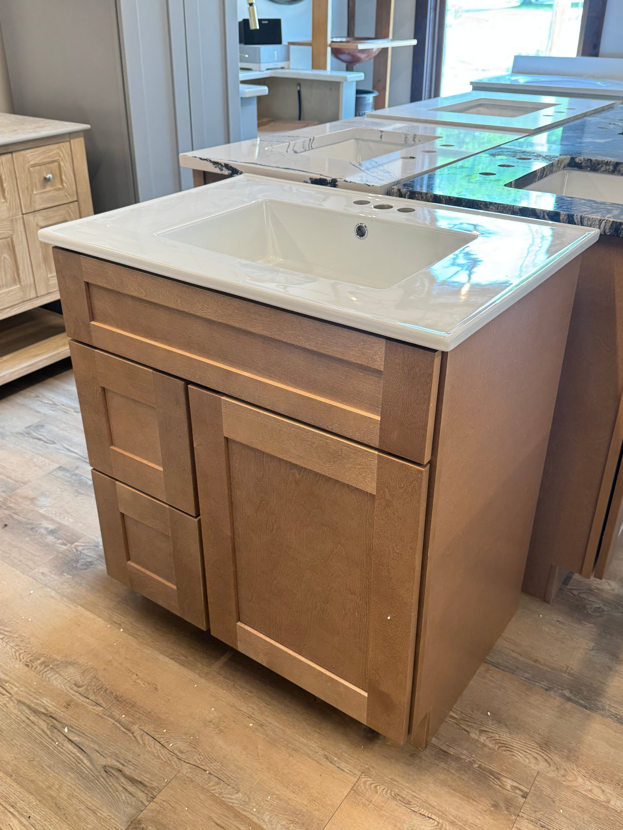 30" Shaker Caramel Vanity with Solid Wood Cabinet, Dovetail Drawers & Premium Vanity Top