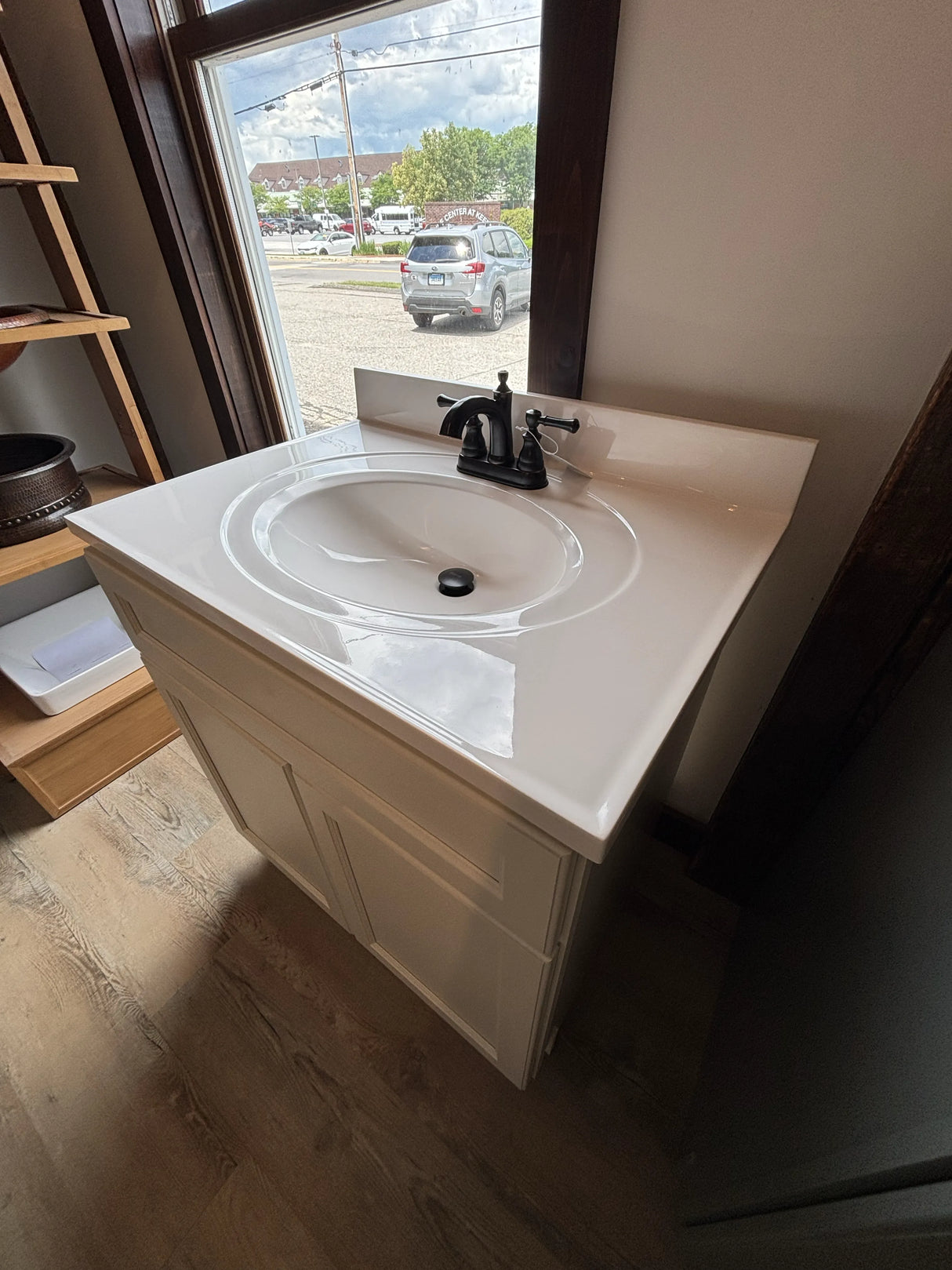 J&K Dove 30" Shaker Bathroom Vanity with White Cultured Marble Top & Oval Sink & Pfister Autry Faucet In Textured Bronze