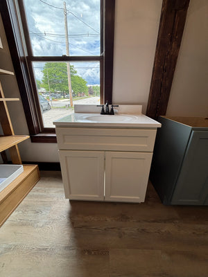 J&K Dove 30" Shaker Bathroom Vanity with White Cultured Marble Top & Oval Sink & Pfister Autry Faucet In Textured Bronze
