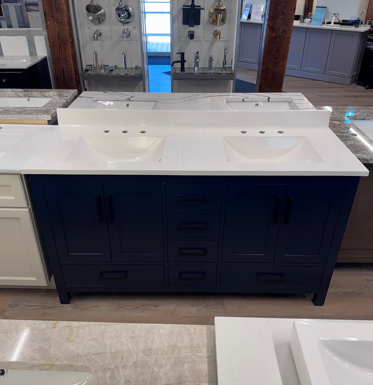 New England Home Goods "Bert" - 60" Double Sink Vanity in Navy with Cultured Marble Top