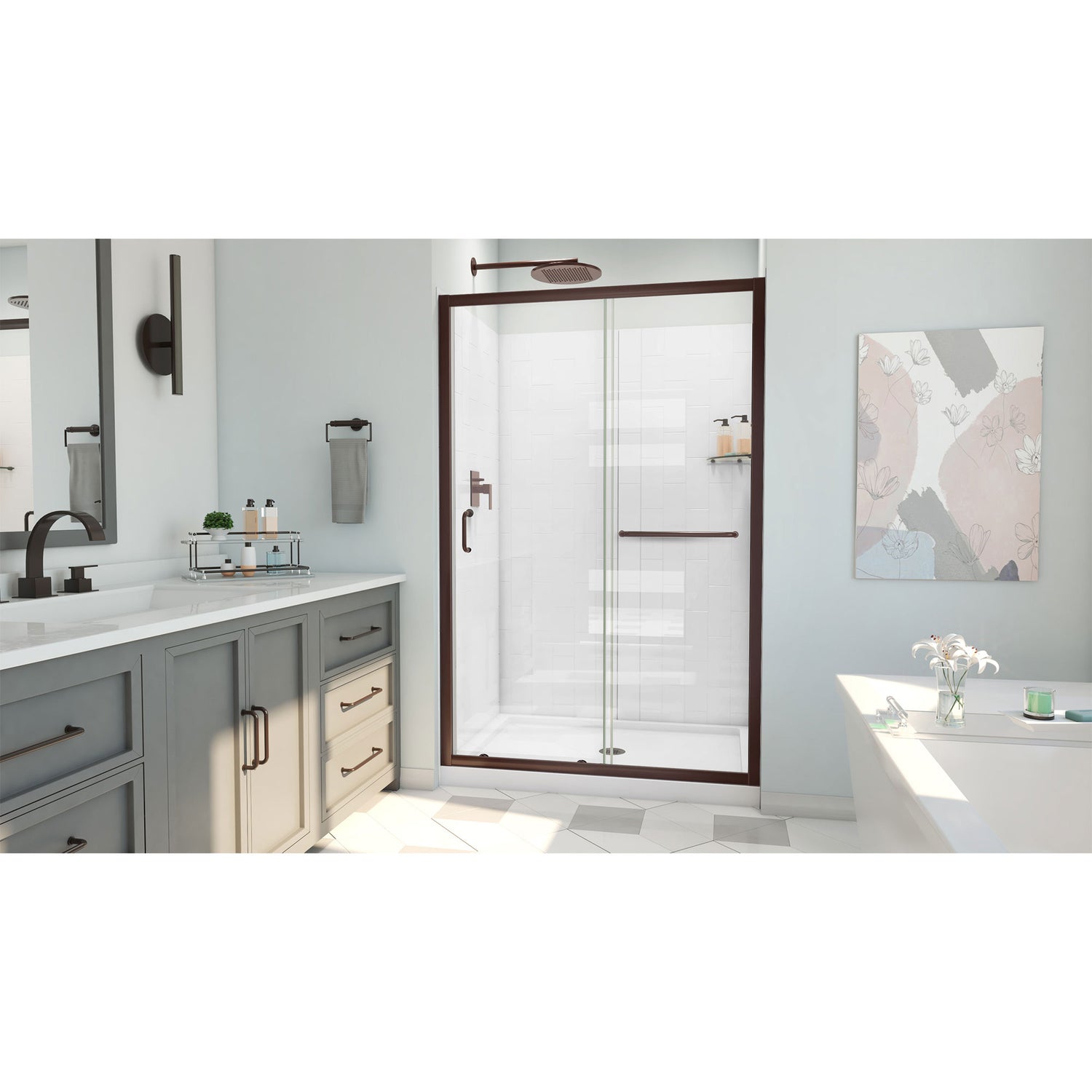 DreamLine Infinity-Z 36 in. D x 48 in. W x 78 3/4 in. H Sliding Shower Door, Base, and White Wall Kit in Oil Rubbed Bronze and Clear Glass