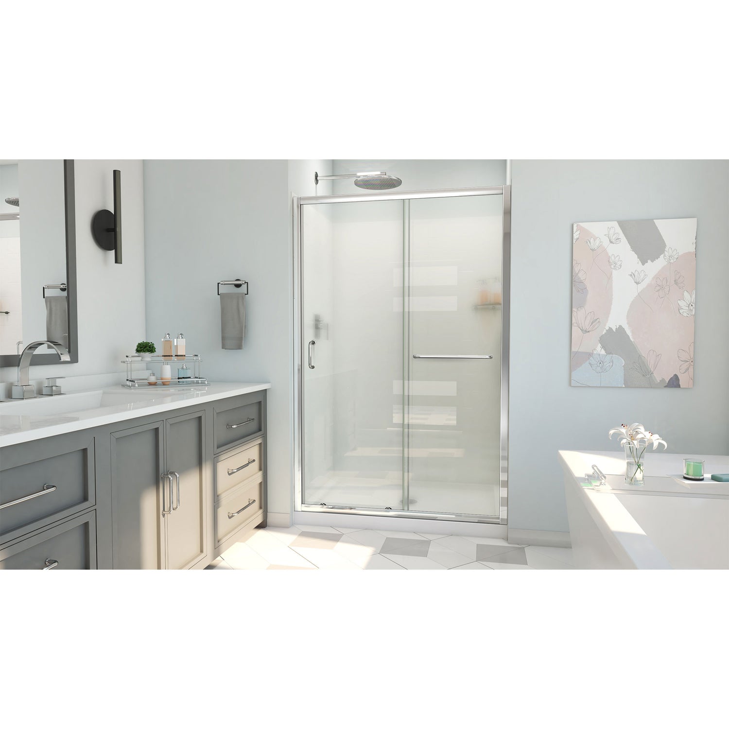 DreamLine Infinity-Z 36 in. D x 48 in. W x 78 3/4 in. H Sliding Shower Door, Base, and White Wall Kit in Chrome and Frosted Glass