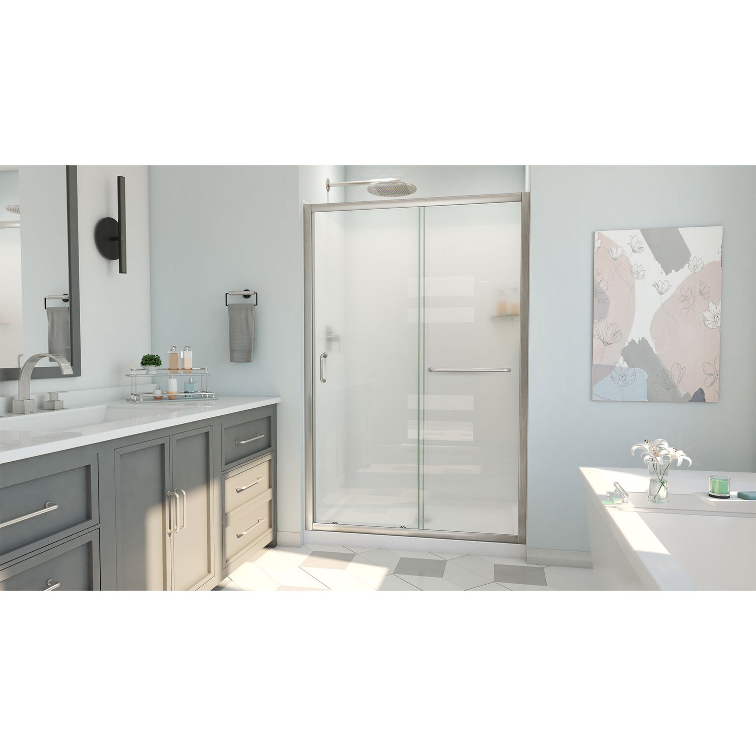 DreamLine Infinity-Z 36 in. D x 48 in. W x 78 3/4 in. H Sliding Shower Door, Base, and White Wall Kit in Brushed Nickel and Frosted Glass