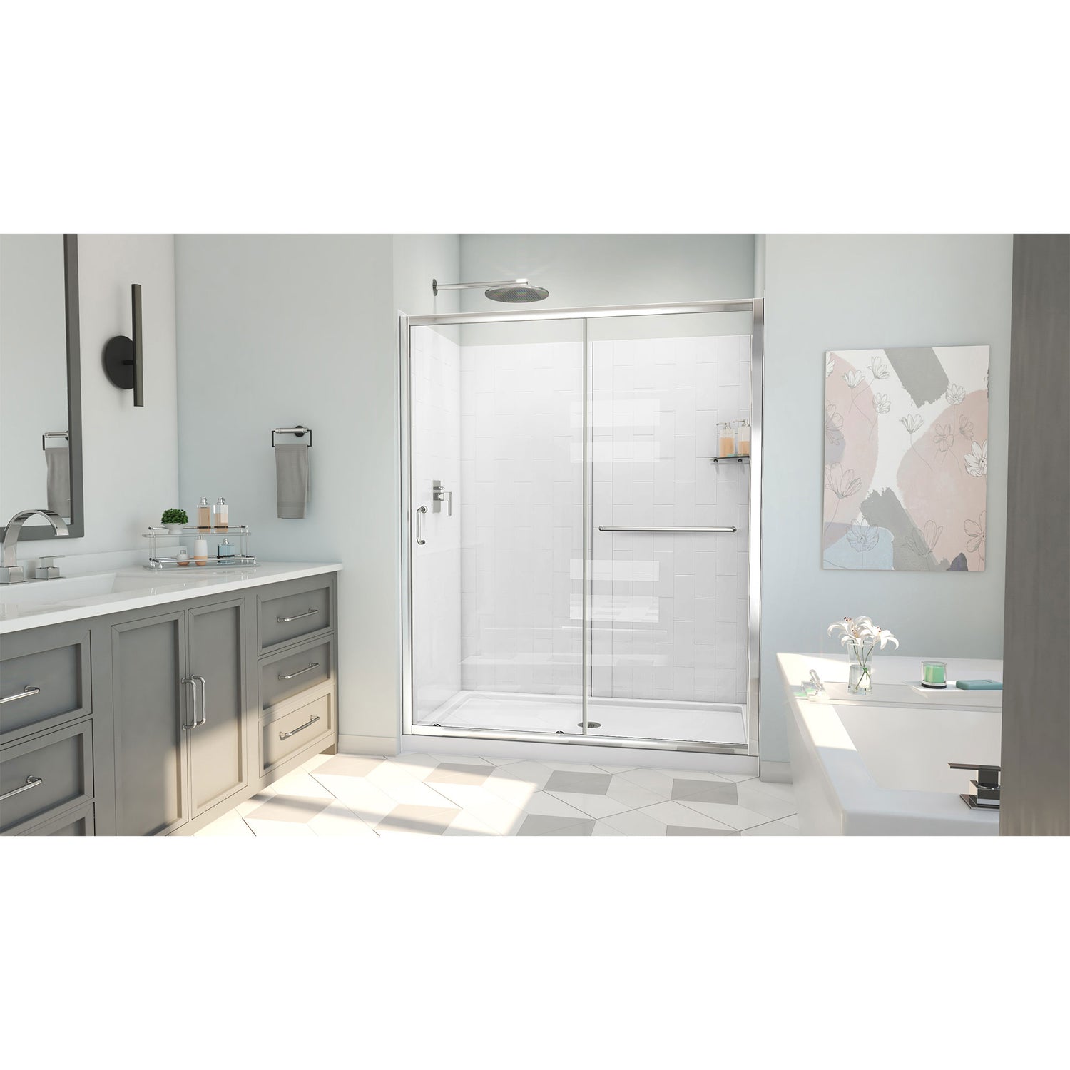 DreamLine Infinity-Z 32 in. D x 60 in. W x 78 3/4 in. H Sliding Shower Door, Base, and White Wall Kit in Chrome and Clear Glass