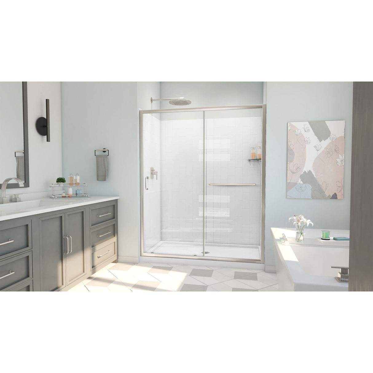 DreamLine Infinity-Z 36 in. D x 60 in. W x 78 3/4 in. H Sliding Shower Door, Base, and White Wall Kit in Brushed Nickel and Clear Glass