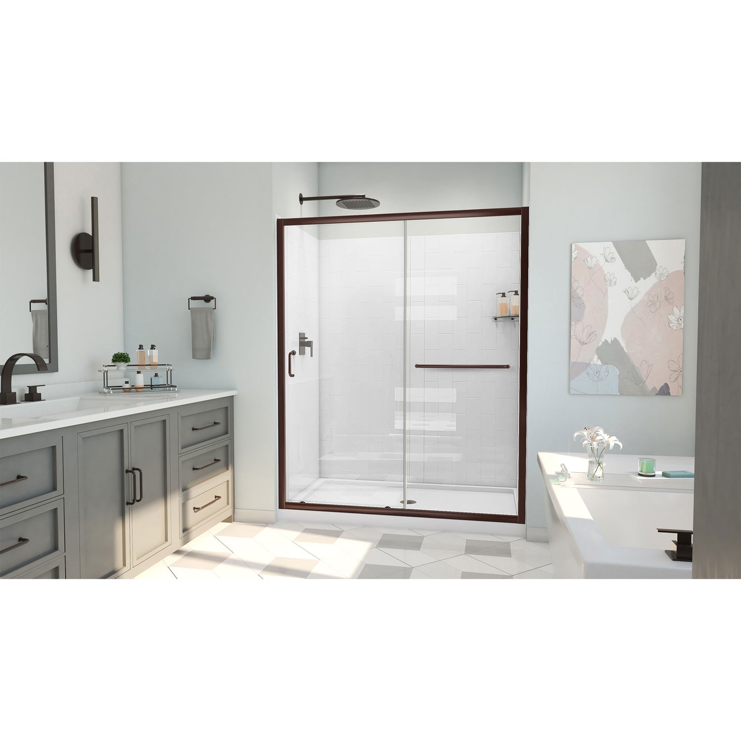 DreamLine Infinity-Z 36 in. D x 60 in. W x 78 3/4 in. H Sliding Shower Door, Base, and White Wall Kit in Oil Rubbed Bronze and Clear Glass