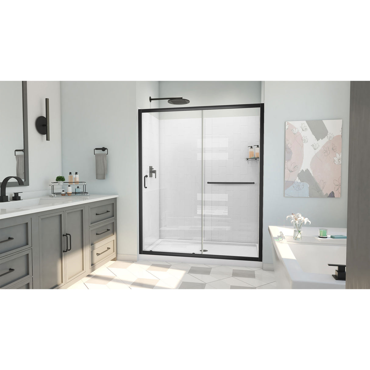 DreamLine Infinity-Z 30 in. D x 60 in. W x 78 3/4 in. H Sliding Shower Door, Base, and White Wall Kit in Satin Black and Clear Glass