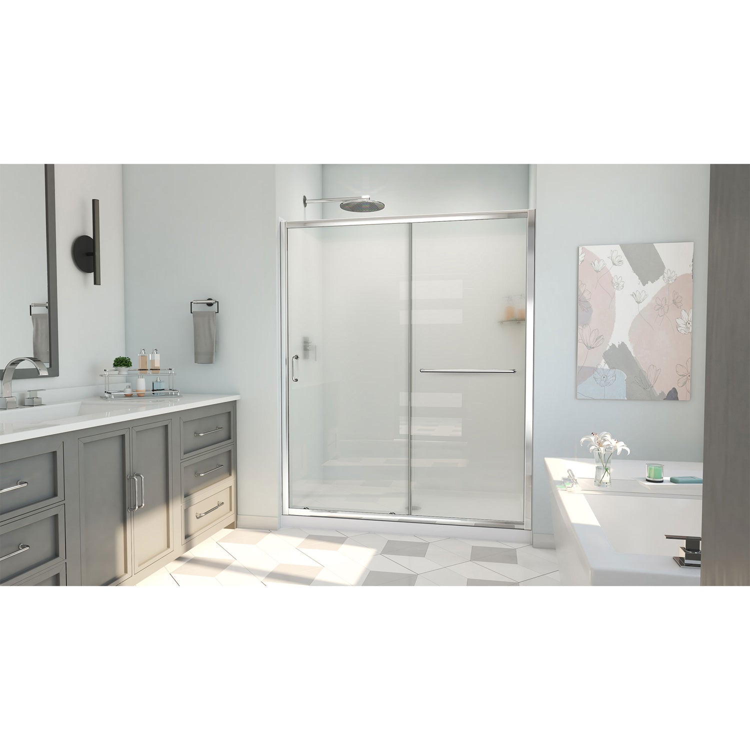 DreamLine Infinity-Z 34 in. D x 60 in. W x 78 3/4 in. H Sliding Shower Door, Base, and White Wall Kit in Chrome and Frosted Glass