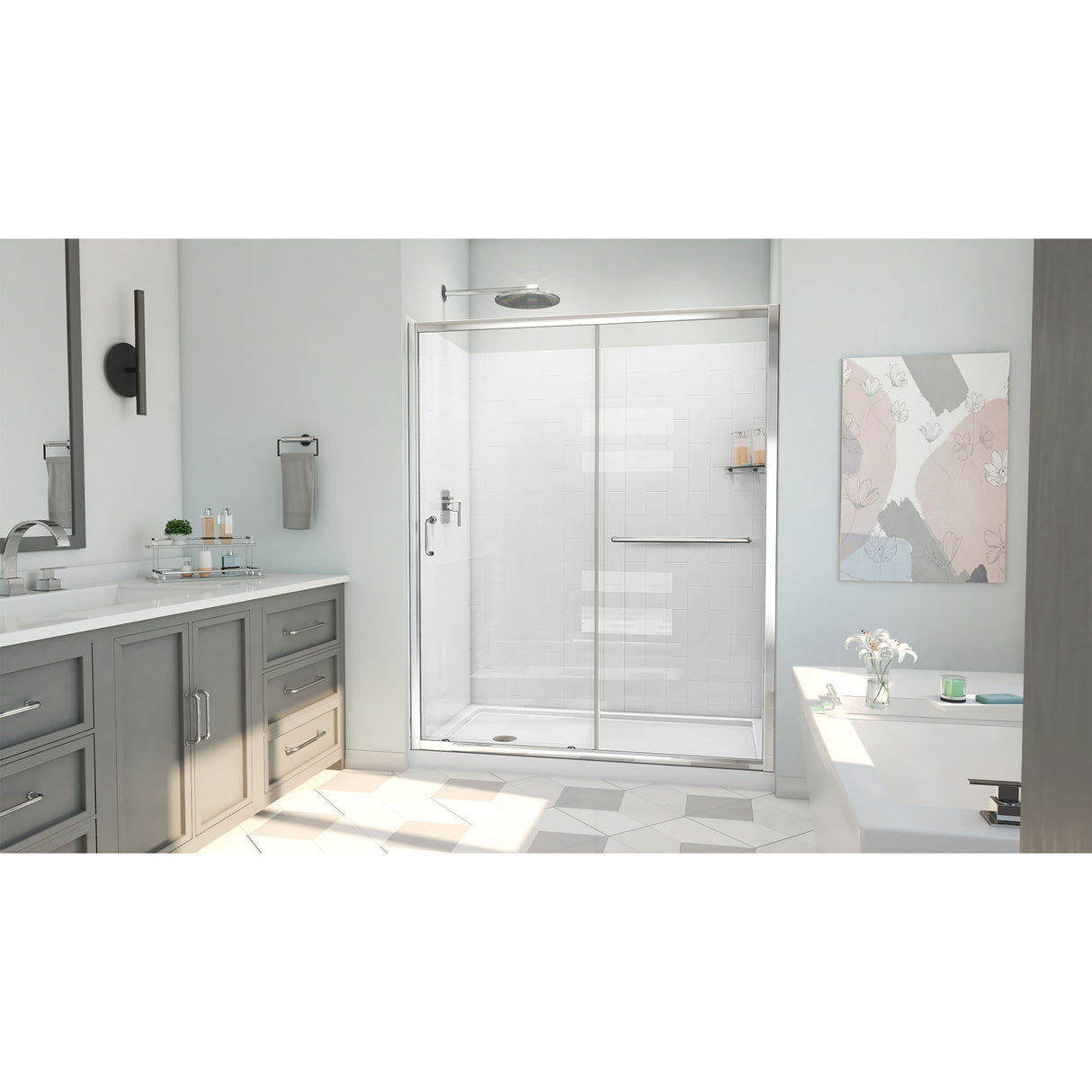 DreamLine Infinity-Z 32 in. D x 60 in. W x 78 3/4 in. H Sliding Shower Door, Base, and White Wall Kit in Chrome and Clear Glass