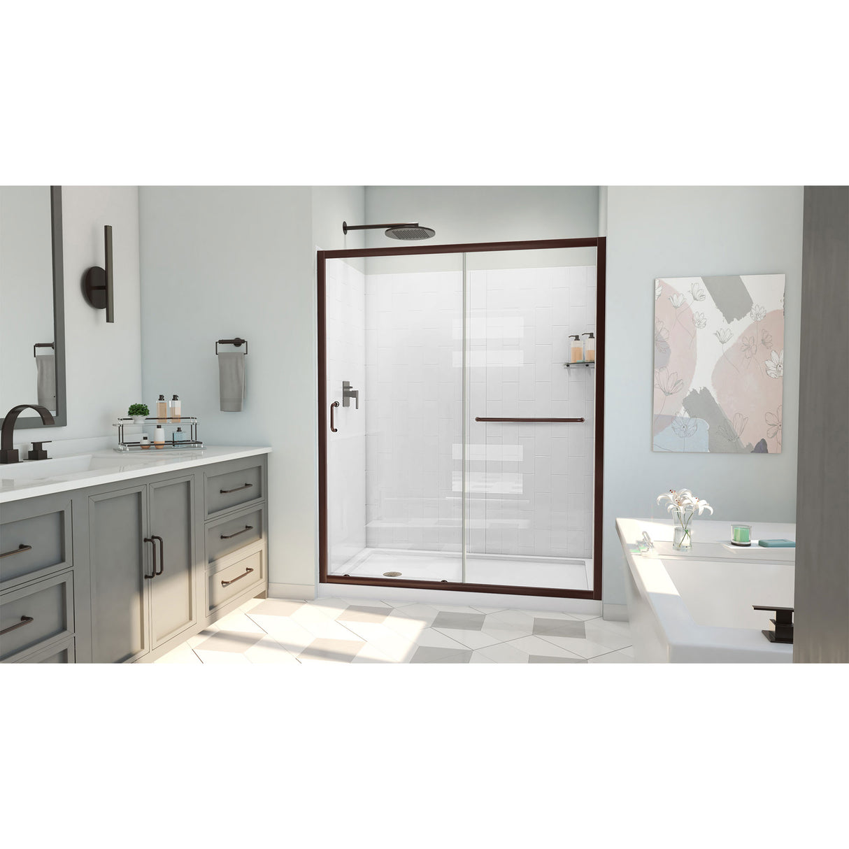 DreamLine Infinity-Z 34 in. D x 60 in. W x 78 3/4 in. H Sliding Shower Door, Base, and White Wall Kit in Oil Rubbed Bronze and Clear Glass