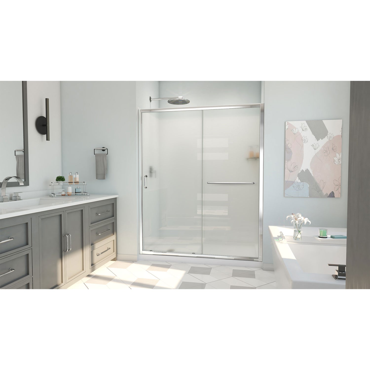 DreamLine Infinity-Z 36 in. D x 60 in. W x 78 3/4 in. H Sliding Shower Door, Base, and White Wall Kit in Chrome and Frosted Glass