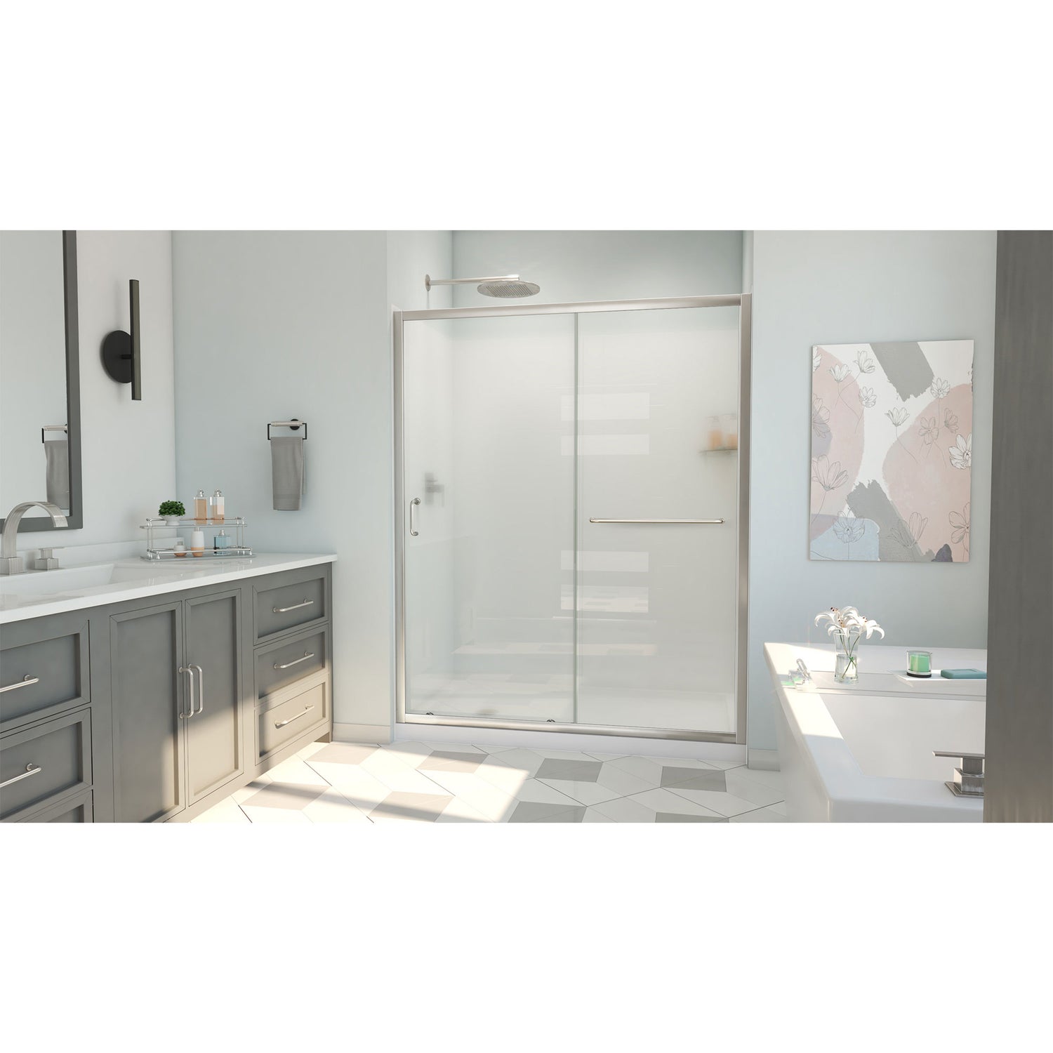DreamLine Infinity-Z 34 in. D x 60 in. W x 78 3/4 in. H Sliding Shower Door, Base, and White Wall Kit in Brushed Nickel and Frosted Glass