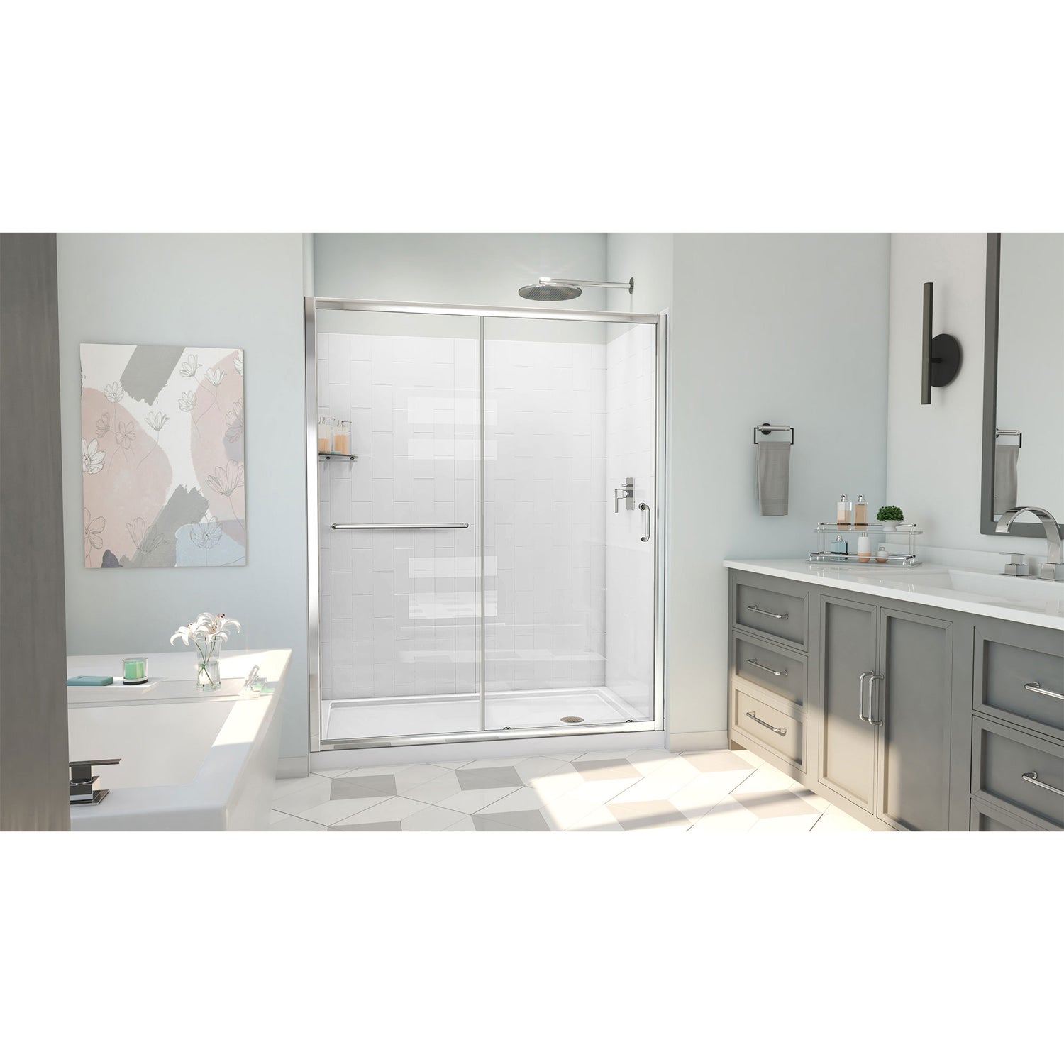 DreamLine Infinity-Z 32 in. D x 60 in. W x 78 3/4 in. H Sliding Shower Door, Base, and White Wall Kit in Chrome and Clear Glass