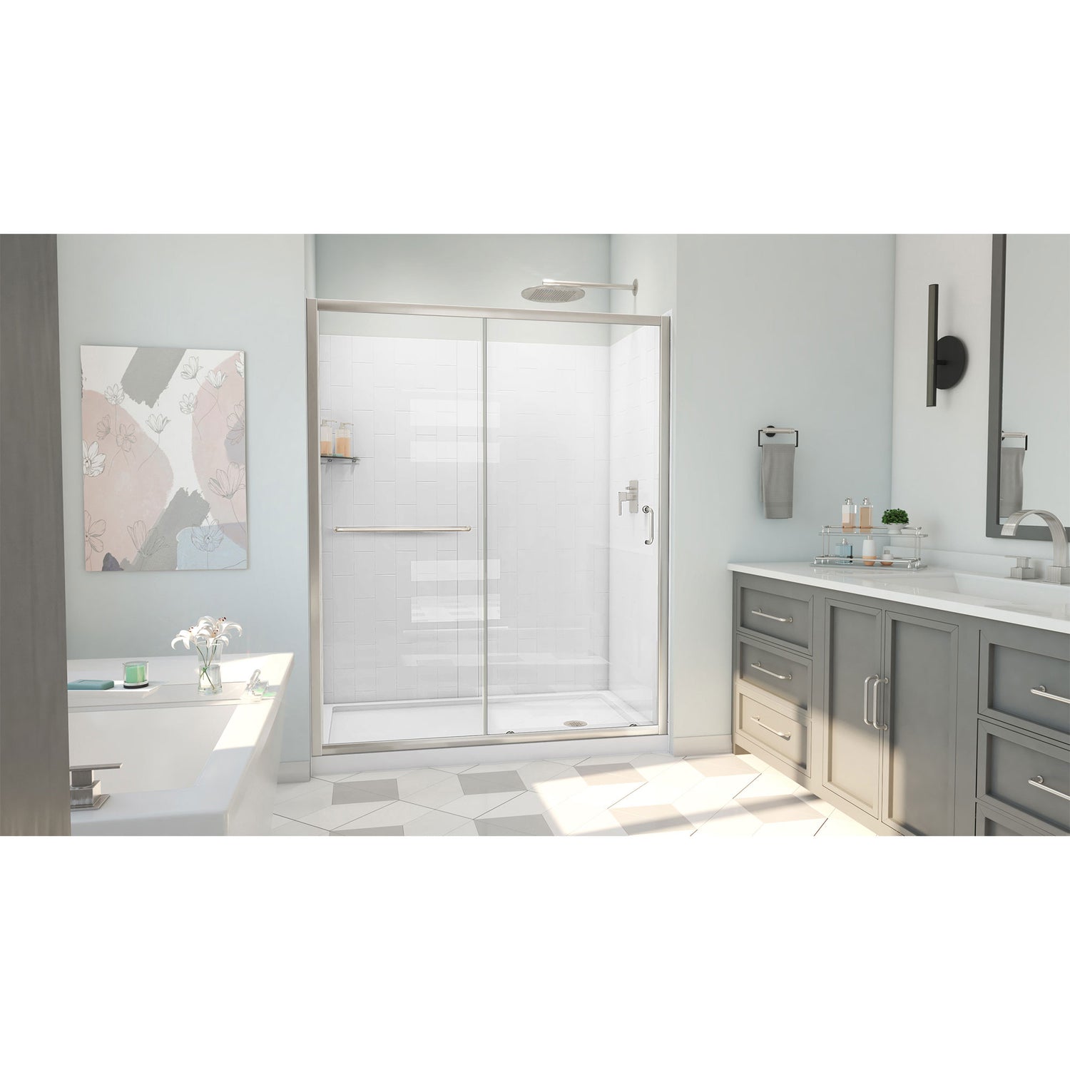 DreamLine Infinity-Z 34 in. D x 60 in. W x 78 3/4 in. H Sliding Shower Door, Base, and White Wall Kit in Brushed Nickel and Clear Glass