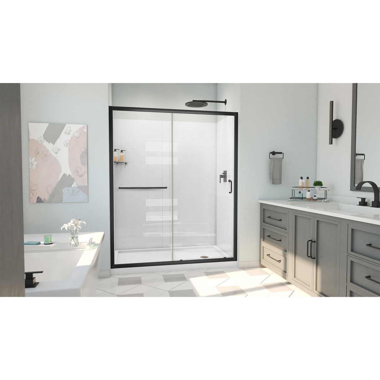 DreamLine Infinity-Z 30 in. D x 60 in. W x 78 3/4 in. H Sliding Shower Door, Base, and White Wall Kit in Satin Black and Clear Glass