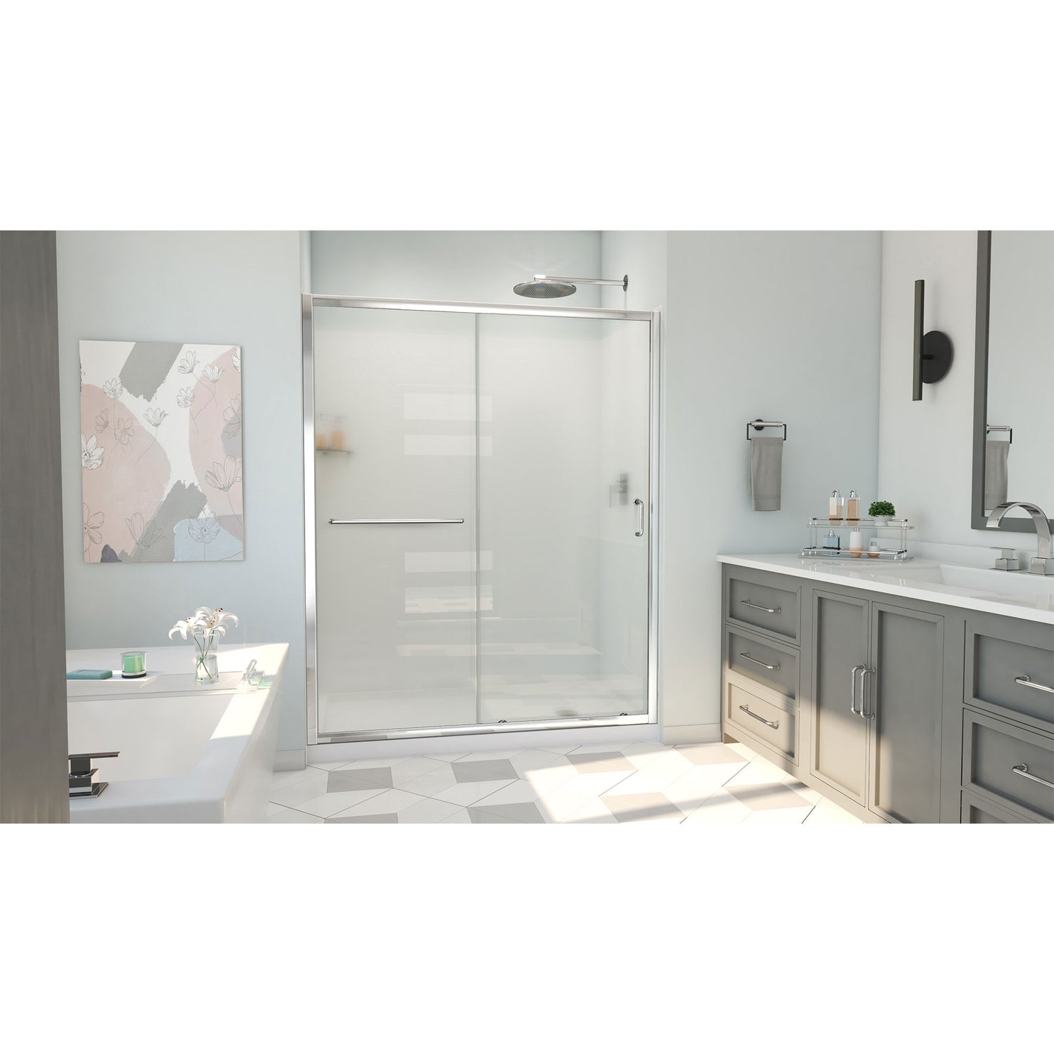 DreamLine Infinity-Z 32 in. D x 60 in. W x 78 3/4 in. H Sliding Shower Door, Base, and White Wall Kit in Chrome and Frosted Glass