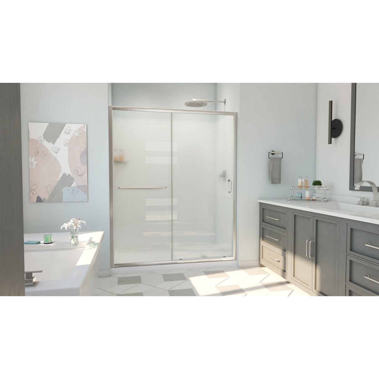 DreamLine Infinity-Z 34 in. D x 60 in. W x 78 3/4 in. H Sliding Shower Door, Base, and White Wall Kit in Brushed Nickel and Frosted Glass