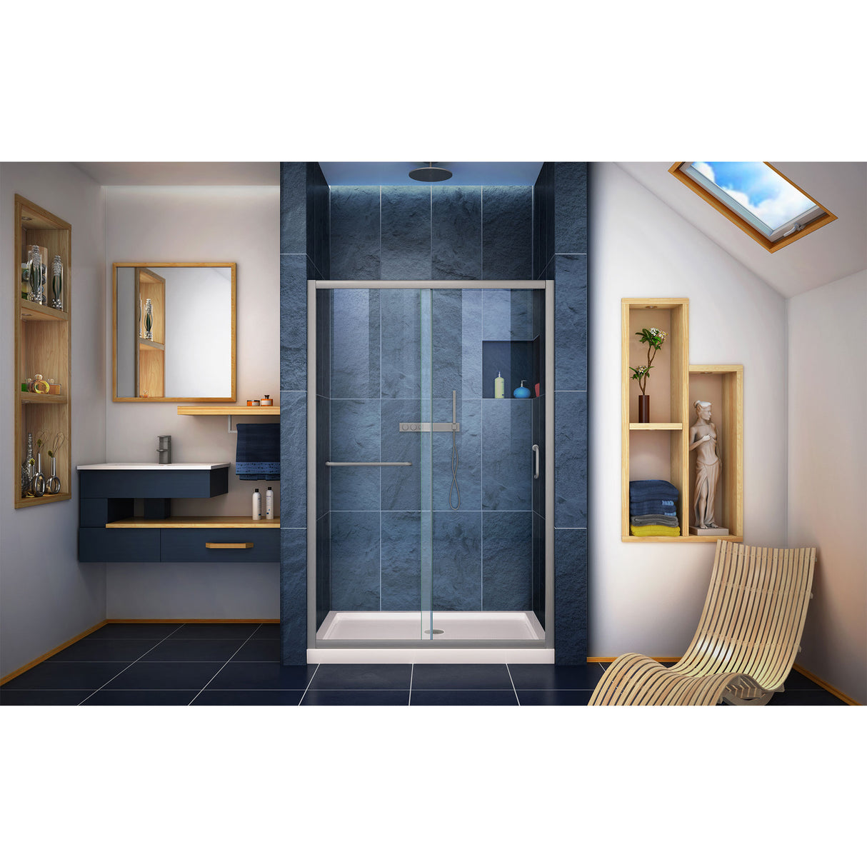 DreamLine Infinity-Z 36 in. D x 48 in. W x 74 3/4 in. H Clear Sliding Shower Door in Brushed Nickel and Center Drain Biscuit Base