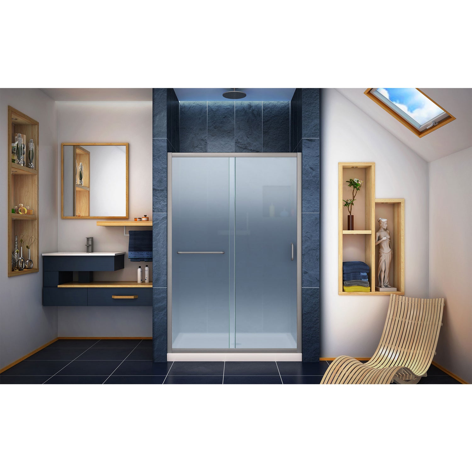 DreamLine Infinity-Z 36 in. D x 48 in. W x 74 3/4 in. H Frosted Sliding Shower Door in Brushed Nickel, Center Drain Biscuit Base