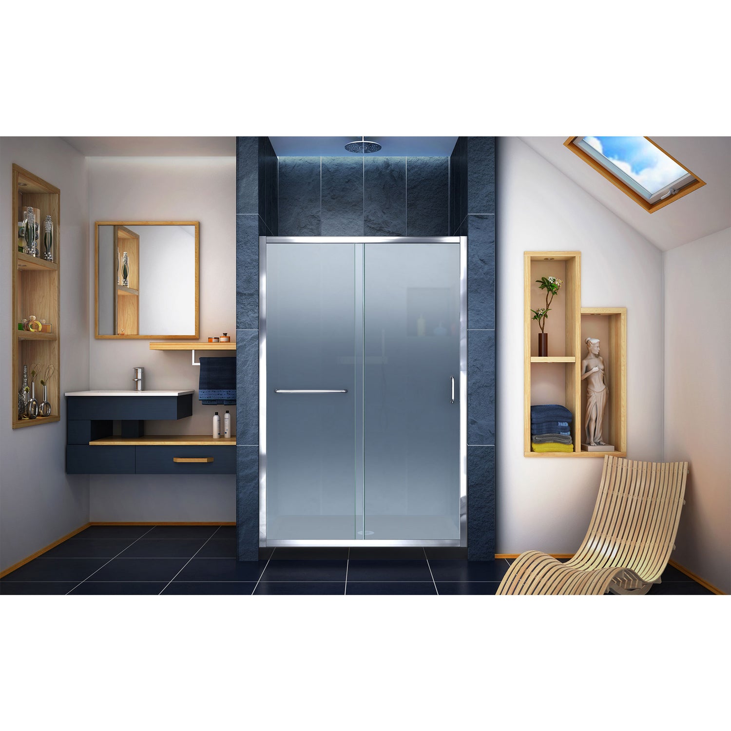 DreamLine Infinity-Z 36 in. D x 48 in. W x 74 3/4 in. H Frosted Sliding Shower Door in Chrome and Center Drain Black Base