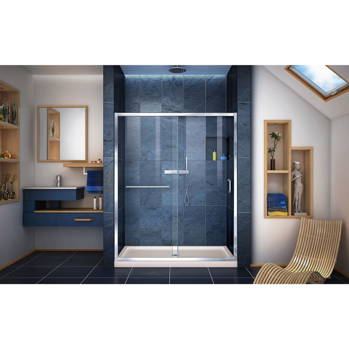 DreamLine Infinity-Z 32 in. D x 54 in. W x 74 3/4 in. H Clear Sliding Shower Door in Chrome and Center Drain Biscuit Base