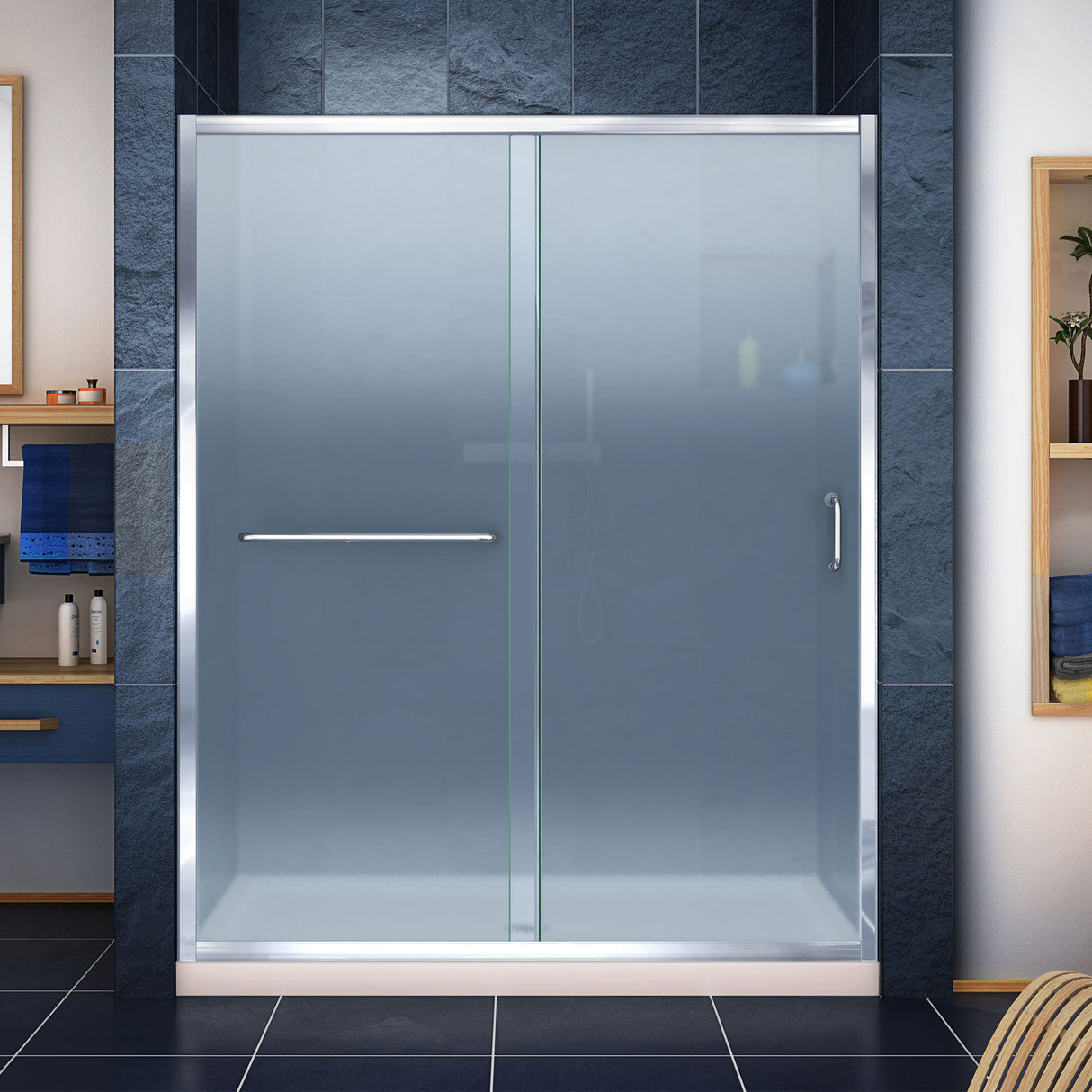 DreamLine Infinity-Z 32 in. D x 60 in. W x 74 3/4 in. H Frosted Sliding Shower Door in Chrome and Center Drain Biscuit Base