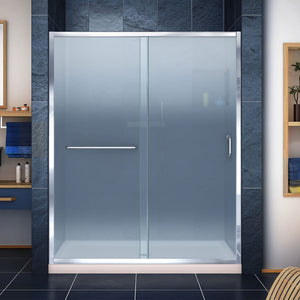 DreamLine Infinity-Z 34 in. D x 60 in. W x 74 3/4 in. H Frosted Sliding Shower Door in Chrome and Center Drain Biscuit Base
