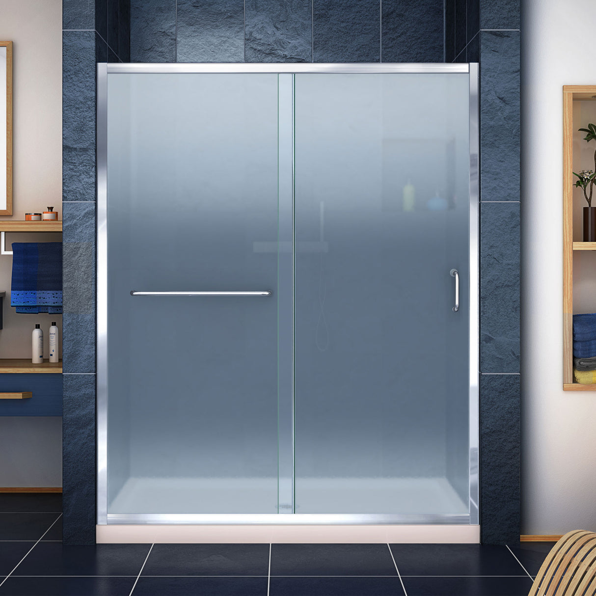 DreamLine Infinity-Z 36 in. D x 60 in. W x 74 3/4 in. H Frosted Sliding Shower Door in Chrome and Center Drain Biscuit Base