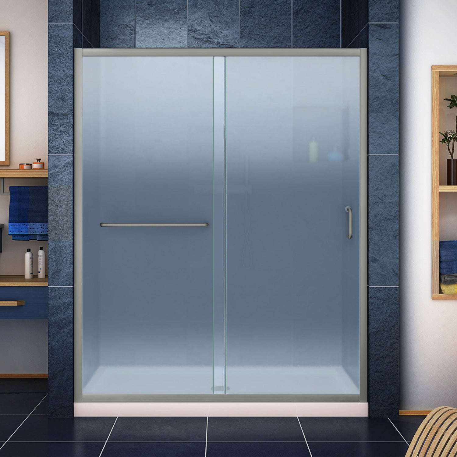 DreamLine Infinity-Z 32 in. D x 60 in. W x 74 3/4 in. H Frosted Sliding Shower Door in Brushed Nickel, Center Drain Biscuit Base