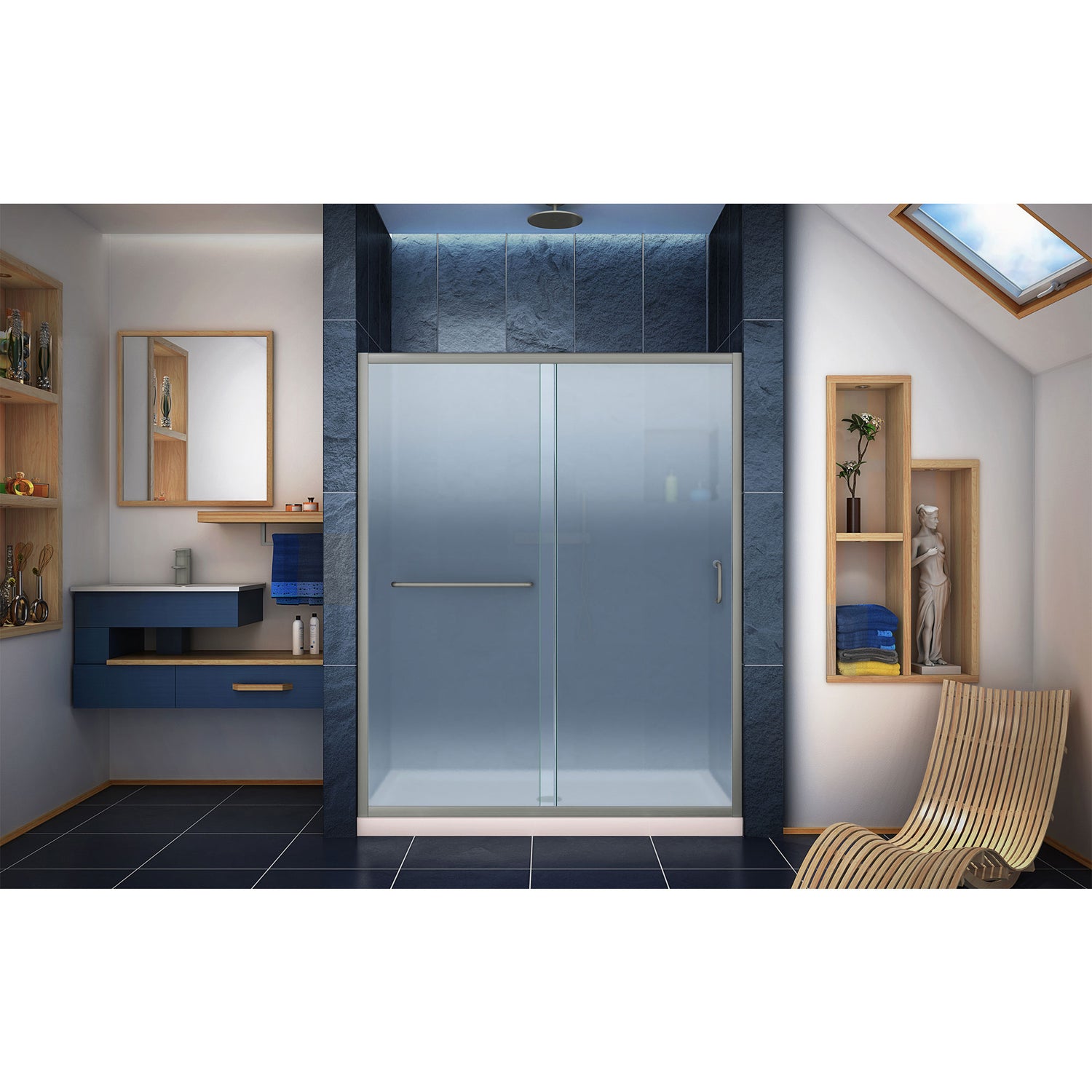 DreamLine Infinity-Z 34 in. D x 60 in. W x 74 3/4 in. H Frosted Sliding Shower Door in Brushed Nickel, Center Drain Biscuit Base