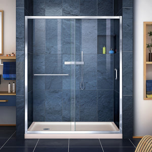 DreamLine Infinity-Z 32 in. D x 60 in. W x 74 3/4 in. H Clear Sliding Shower Door in Chrome and Left Drain Biscuit Base