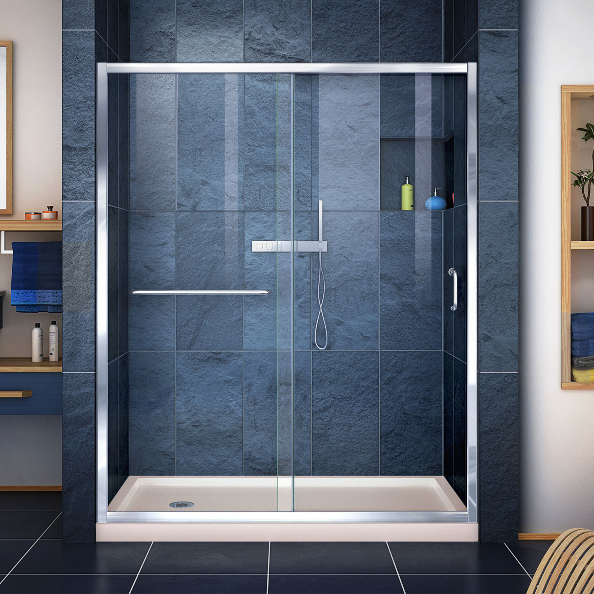 DreamLine Infinity-Z 34 in. D x 60 in. W x 74 3/4 in. H Clear Sliding Shower Door in Chrome and Left Drain Biscuit Base