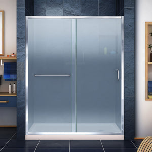 DreamLine Infinity-Z 30 in. D x 60 in. W x 74 3/4 in. H Frosted Sliding Shower Door in Chrome and Right Drain Biscuit Base