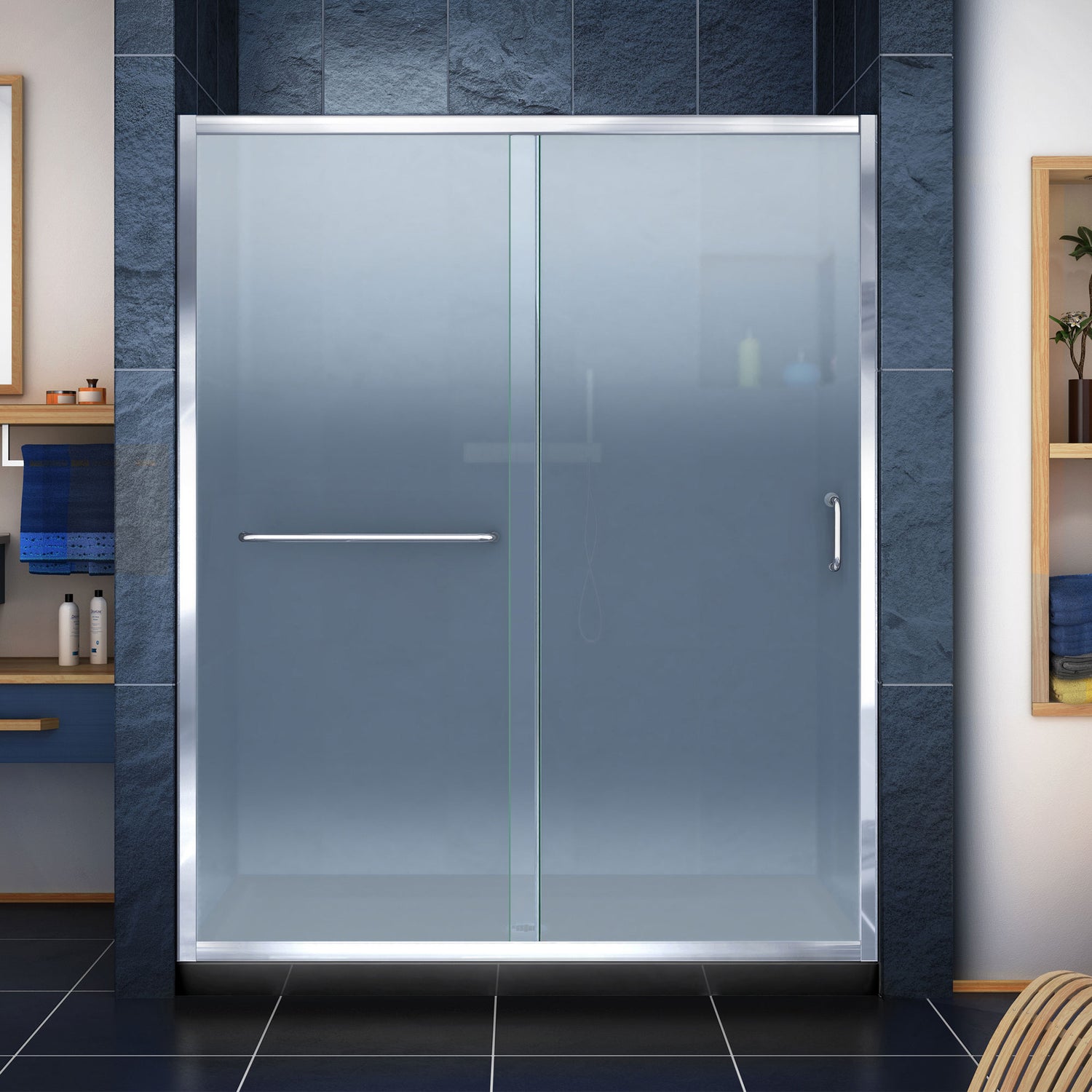 DreamLine Infinity-Z 32 in. D x 60 in. W x 74 3/4 in. H Frosted Sliding Shower Door in Chrome and Center Drain Black Base