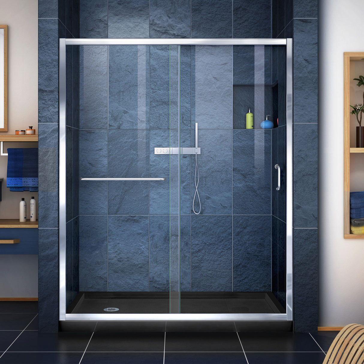 DreamLine Infinity-Z 32 in. D x 60 in. W x 74 3/4 in. H Clear Sliding Shower Door in Chrome and Left Drain Black Base