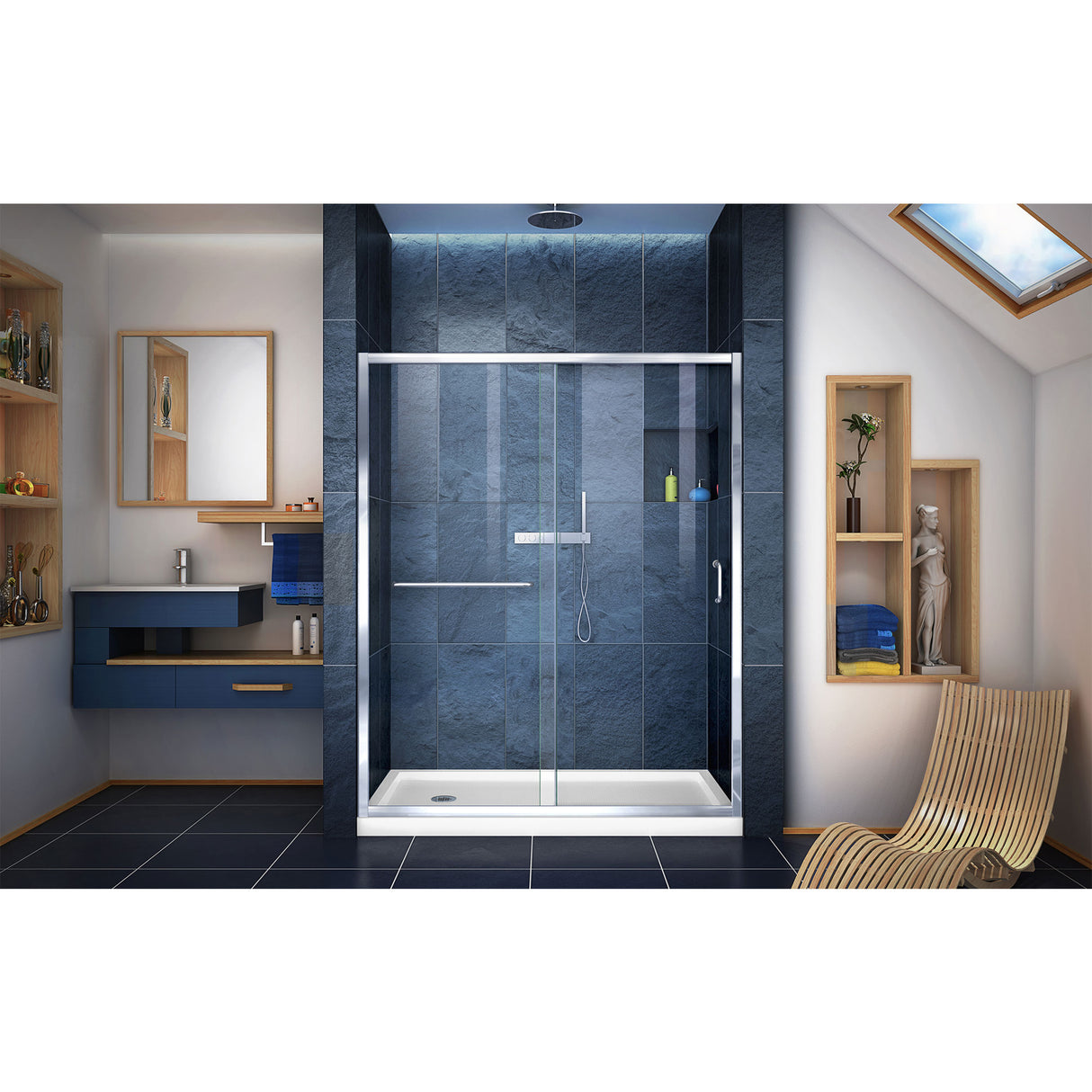 DreamLine Infinity-Z 30 in. D x 60 in. W x 74 3/4 in. H Clear Sliding Shower Door in Chrome and Left Drain White Base