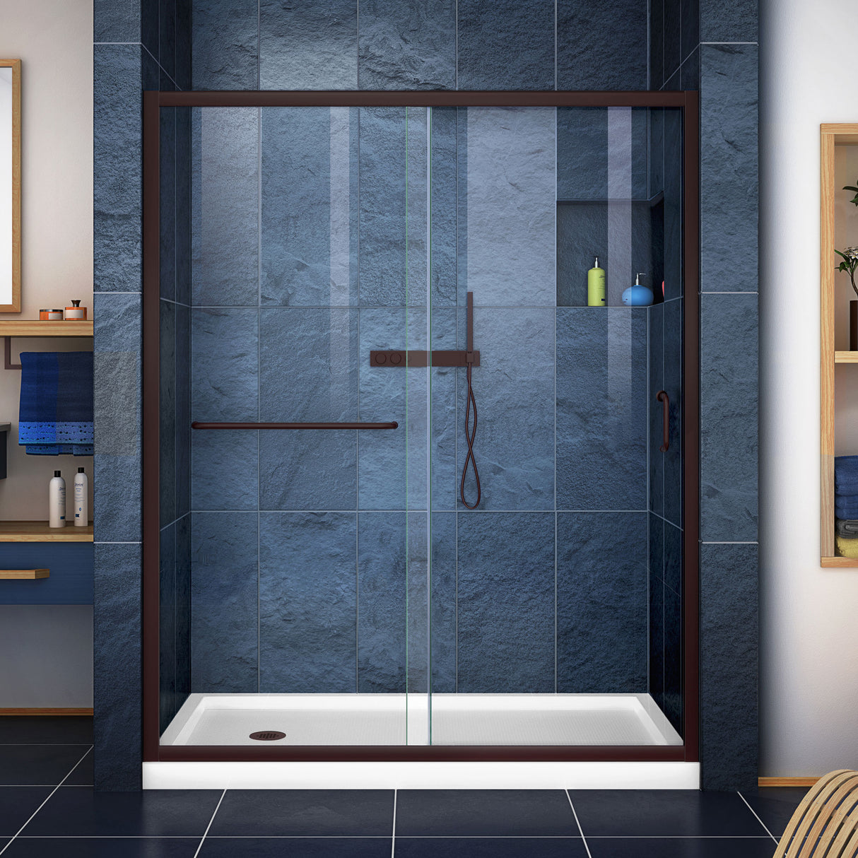 DreamLine Infinity-Z 32 in. D x 60 in. W x 74 3/4 in. H Clear Sliding Shower Door in Oil Rubbed Bronze and Left Drain White Base