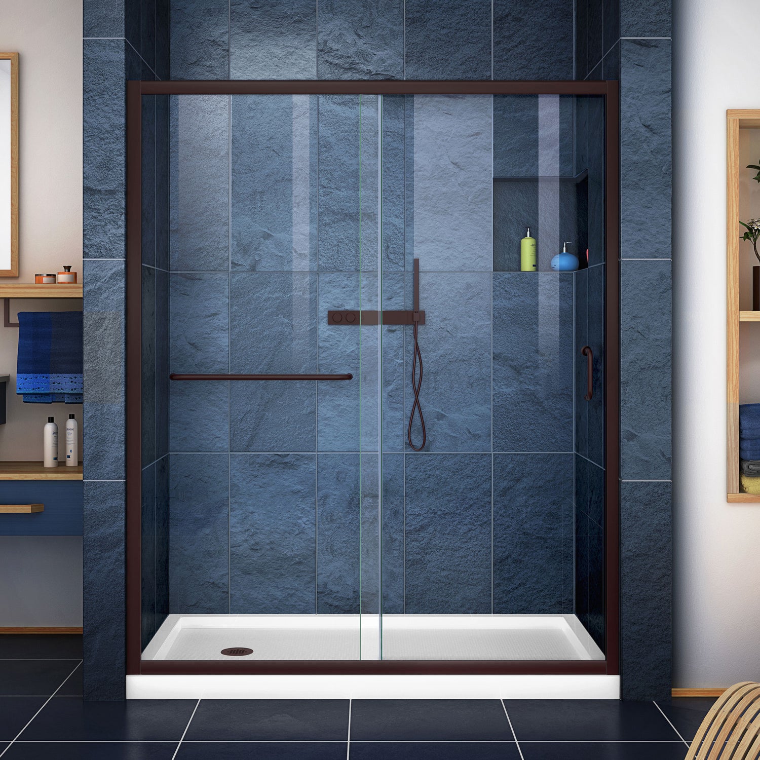DreamLine Infinity-Z 34 in. D x 60 in. W x 74 3/4 in. H Clear Sliding Shower Door in Oil Rubbed Bronze and Left Drain White Base