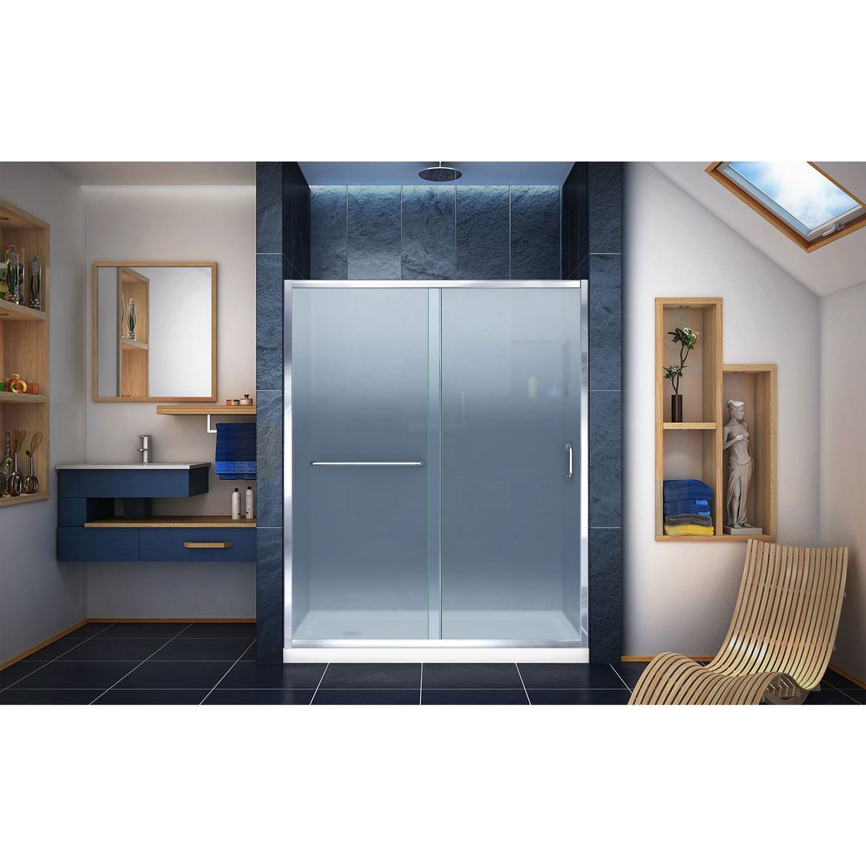 DreamLine Infinity-Z 36 in. D x 60 in. W x 74 3/4 in. H Frosted Sliding Shower Door in Chrome and Left Drain White Base