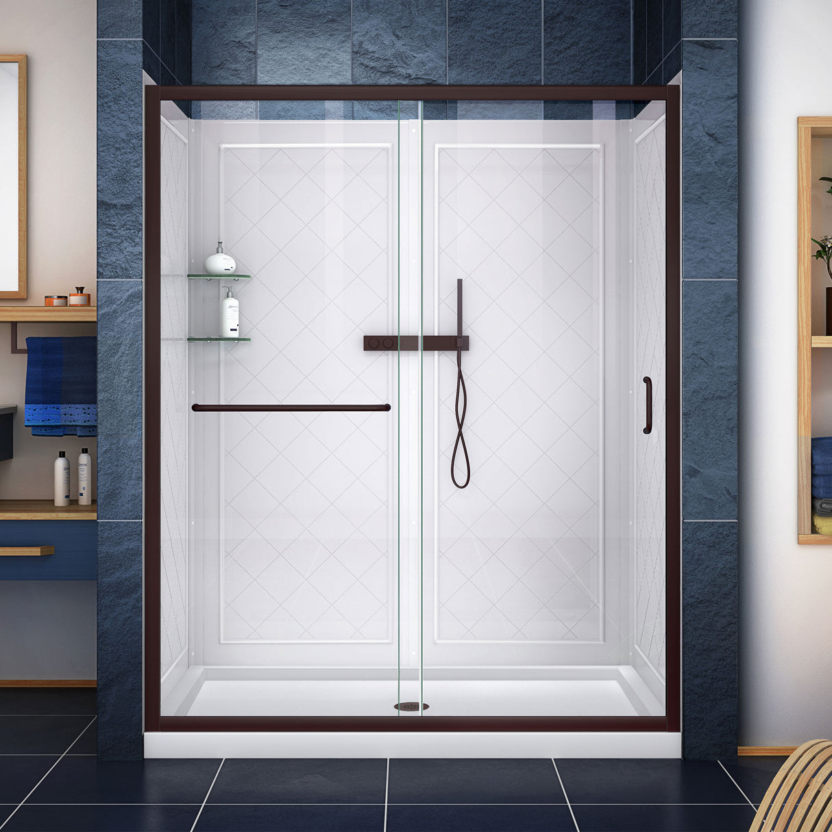 DreamLine Infinity-Z 32 in. D x 60 in. W x 76 3/4 in. H Clear Sliding Shower Door in Oil Rubbed Bronze, Center Drain and Wall Kit