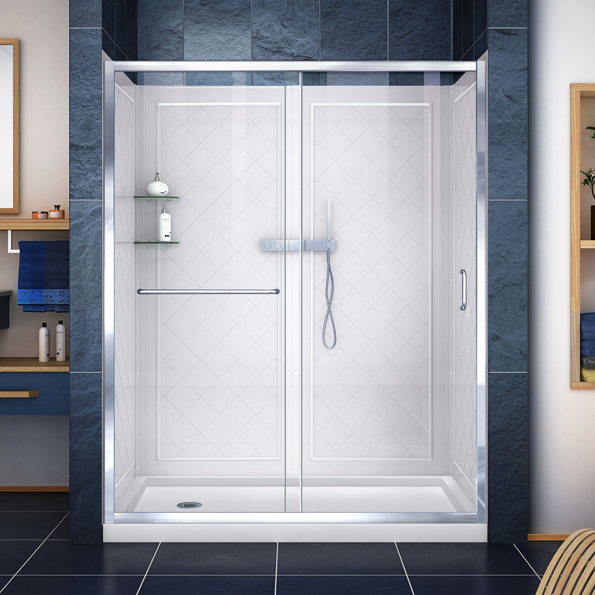 DreamLine Infinity-Z 30 in. D x 60 in. W x 76 3/4 in. H Clear Sliding Shower Door in Chrome, Left Drain Base and Wall Kit