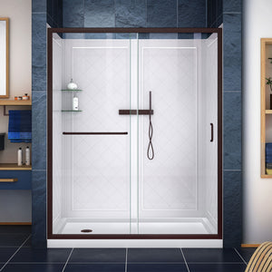 DreamLine Infinity-Z 32 in. D x 60 in. W x 76 3/4 in. H Clear Sliding Shower Door in Oil Rubbed Bronze, Left Drain and Wall Kit