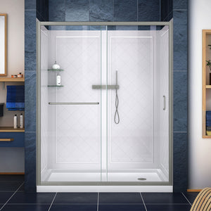 DreamLine Infinity-Z 34 in. D x 60 in. W x 76 3/4 in. H Clear Sliding Shower Door in Brushed Nickel, Right Drain Base, Wall Kit
