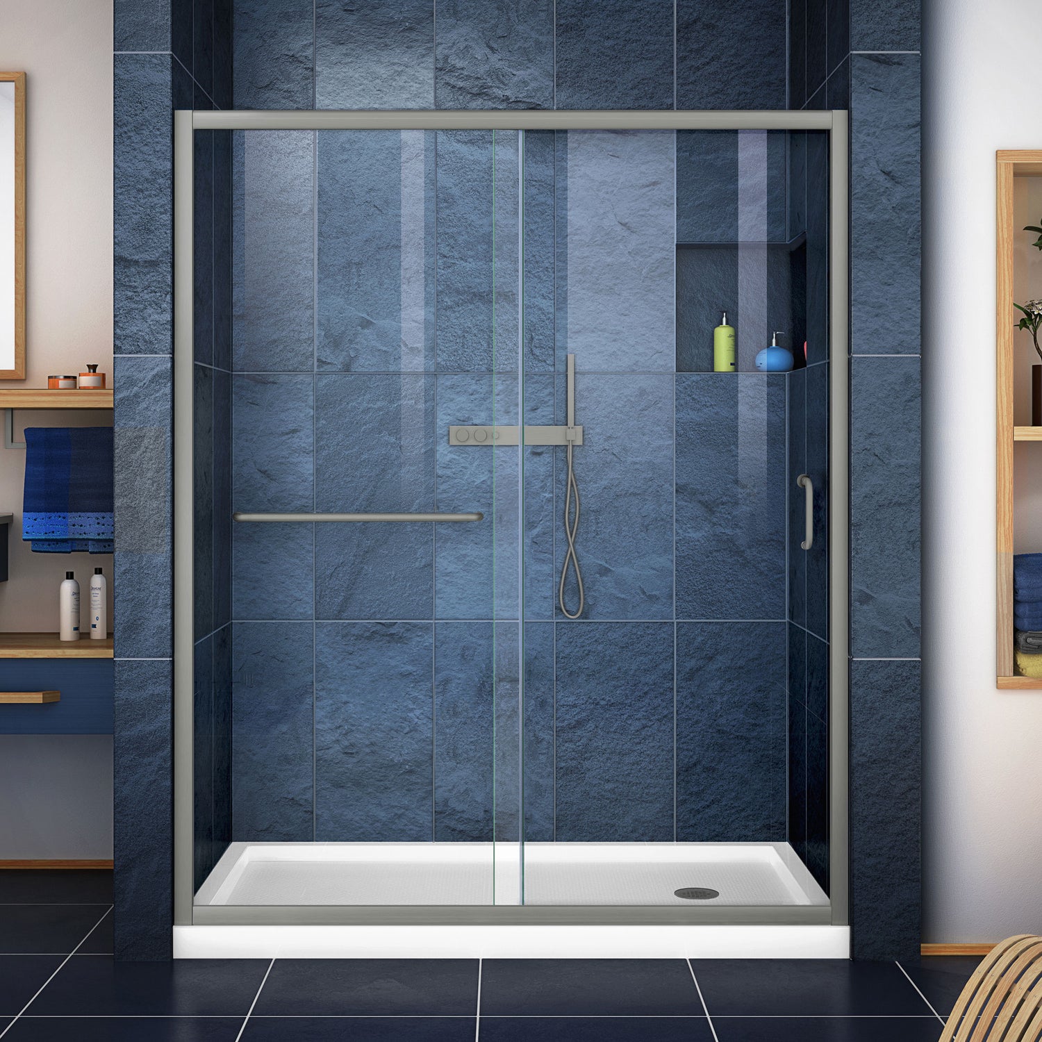 DreamLine Infinity-Z 34 in. D x 60 in. W x 74 3/4 in. H Clear Sliding Shower Door in Brushed Nickel and Right Drain White Base